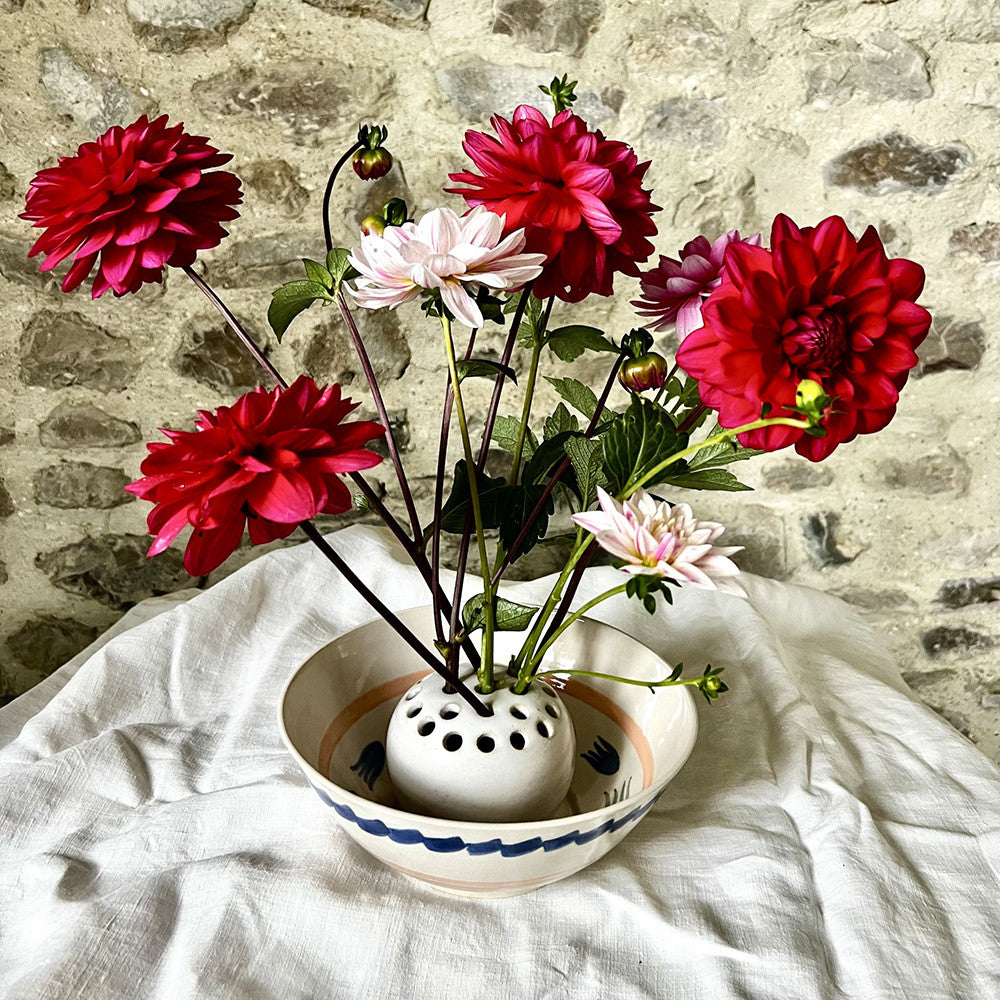 Sarah Raven Blue Green Bowl with Flower Frog