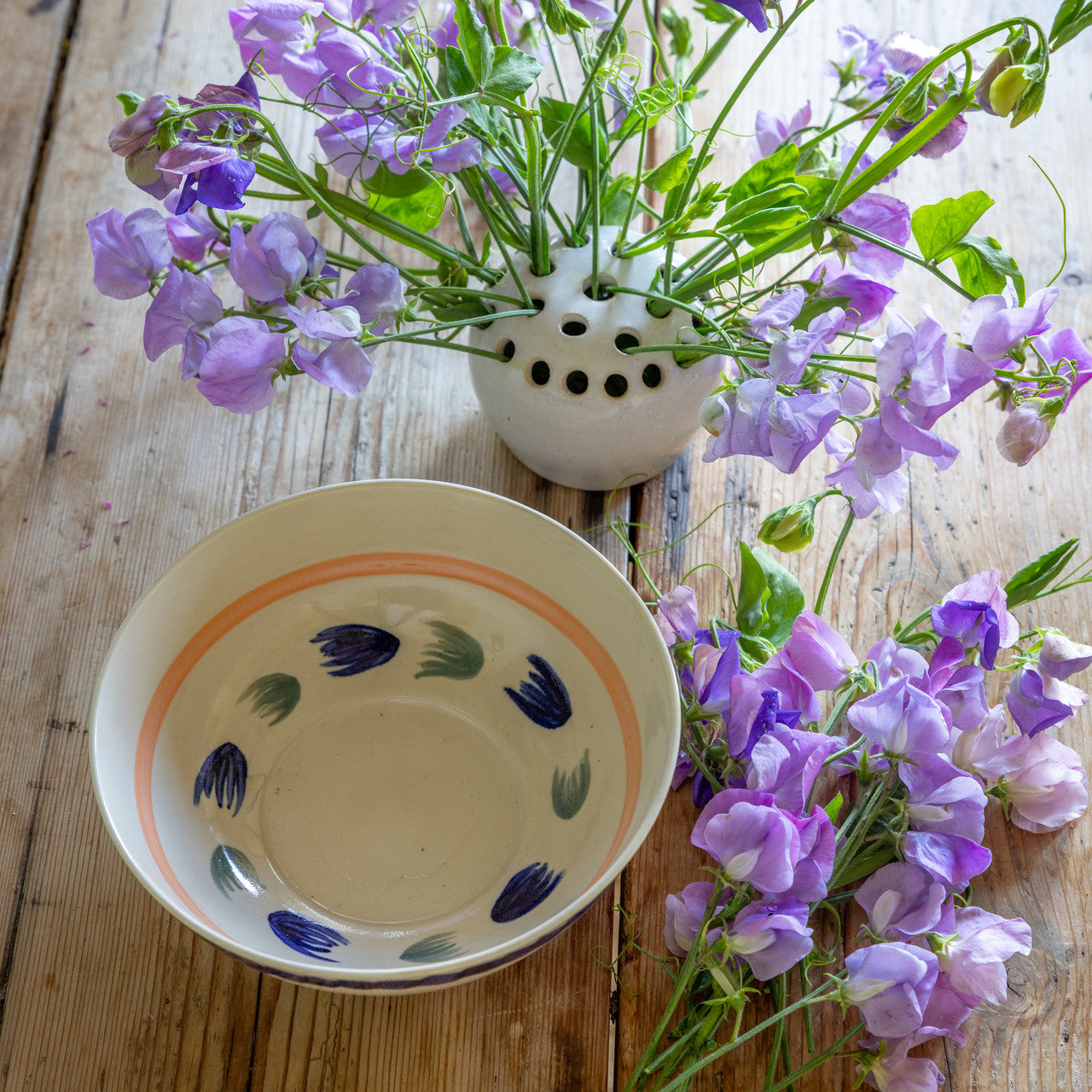 Sarah Raven Blue Green Bowl with Flower Frog